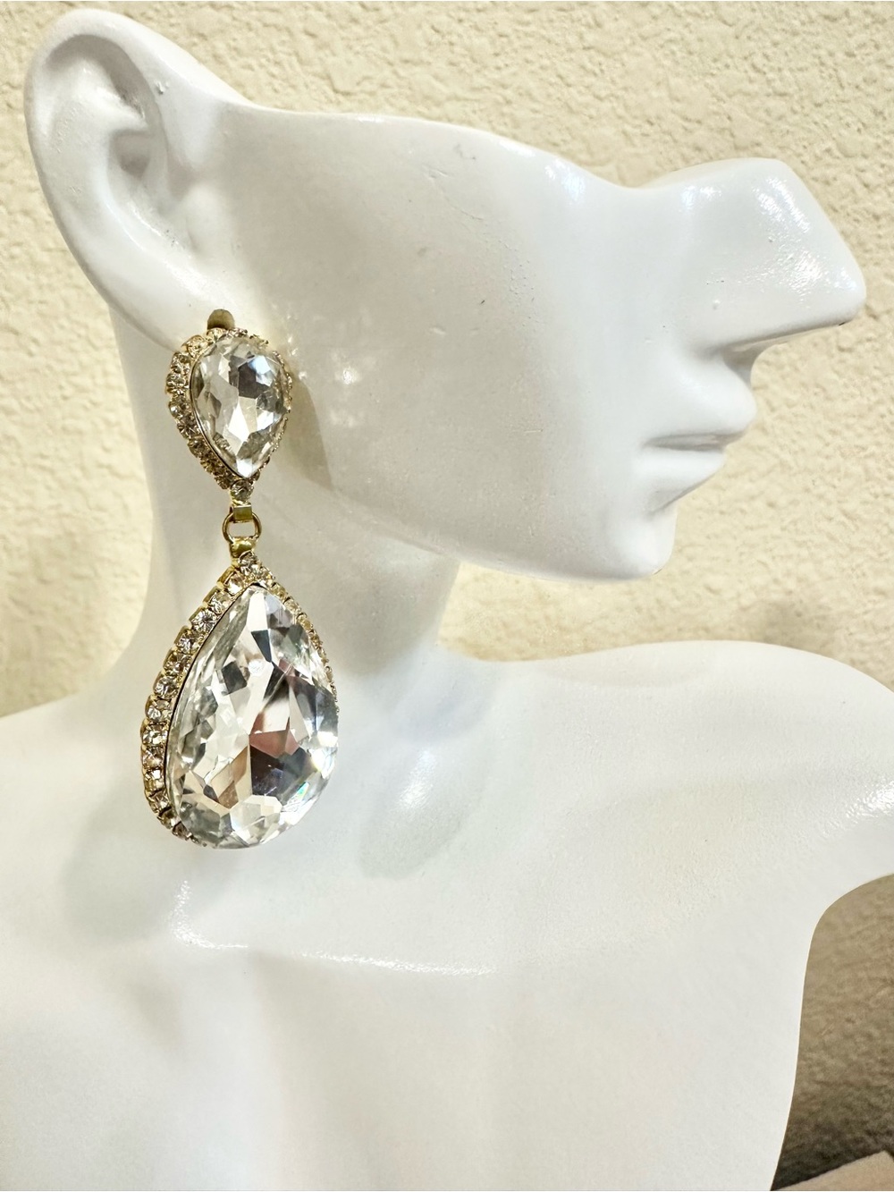 Gold-Tone Clear Crystal Teardrop Drop Earrings
